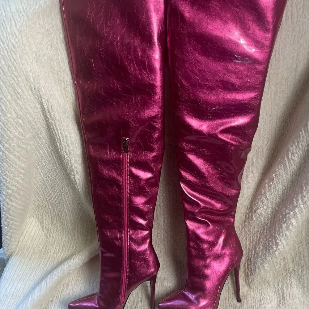 Azalea Wang synthetic Patent metallic Pink/Fuchsia thigh high heel boots SZ 7